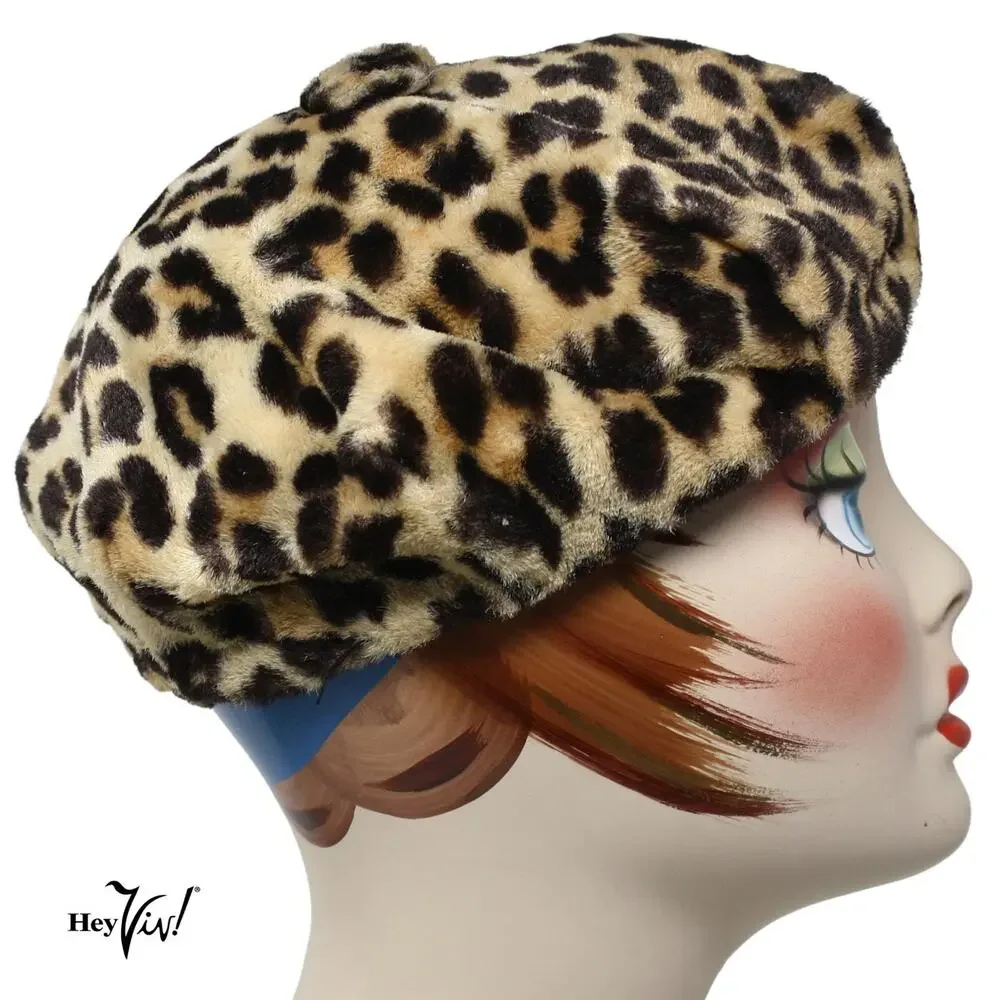 Vintage Faux Leopard Print Beret Hat Animal Print Fake Fur Retro Cap - Hey Viv